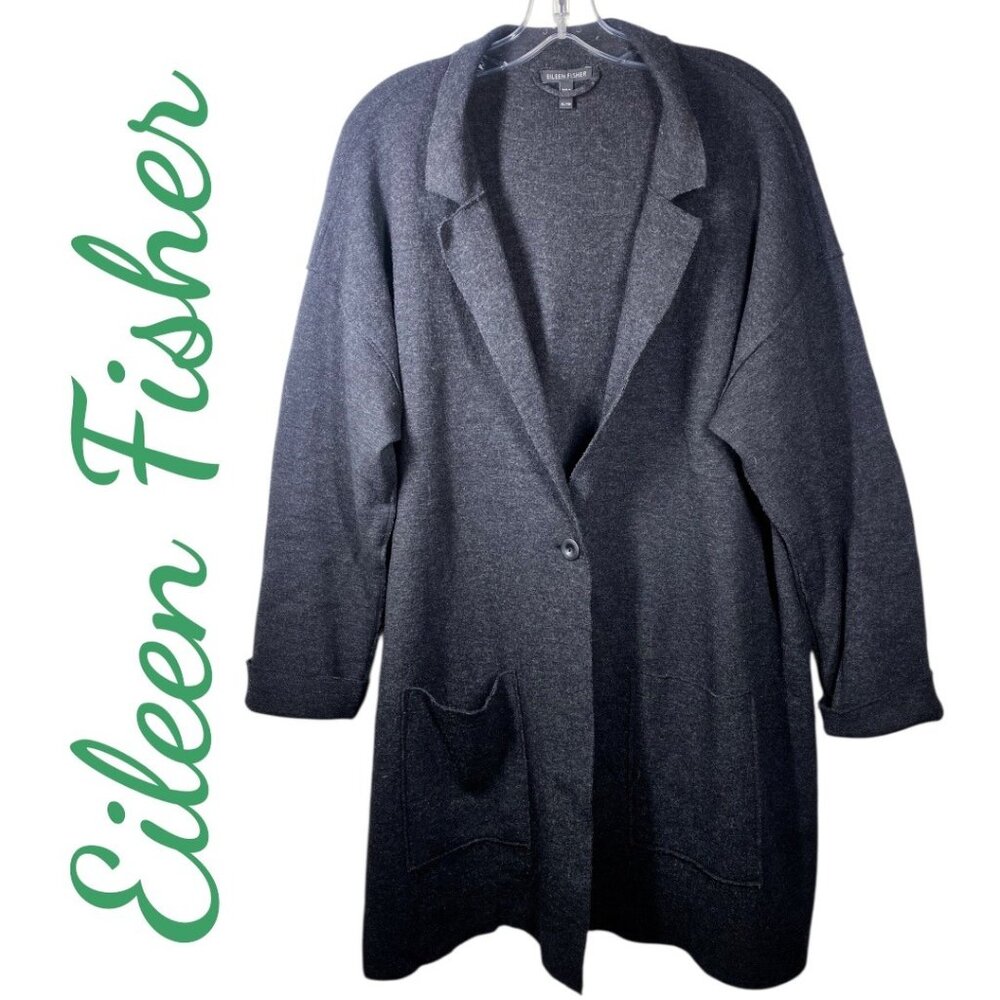 EILEEN FISHER MERINO WOOL CARDIGAN SWEATER BLAZER GRAY MINIMALIST‎ ACADEMIA, XL